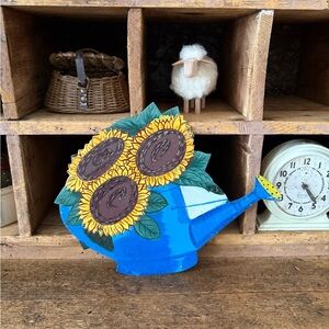 Blue Watering Can with Sunflower Design Metal Wall Decor
